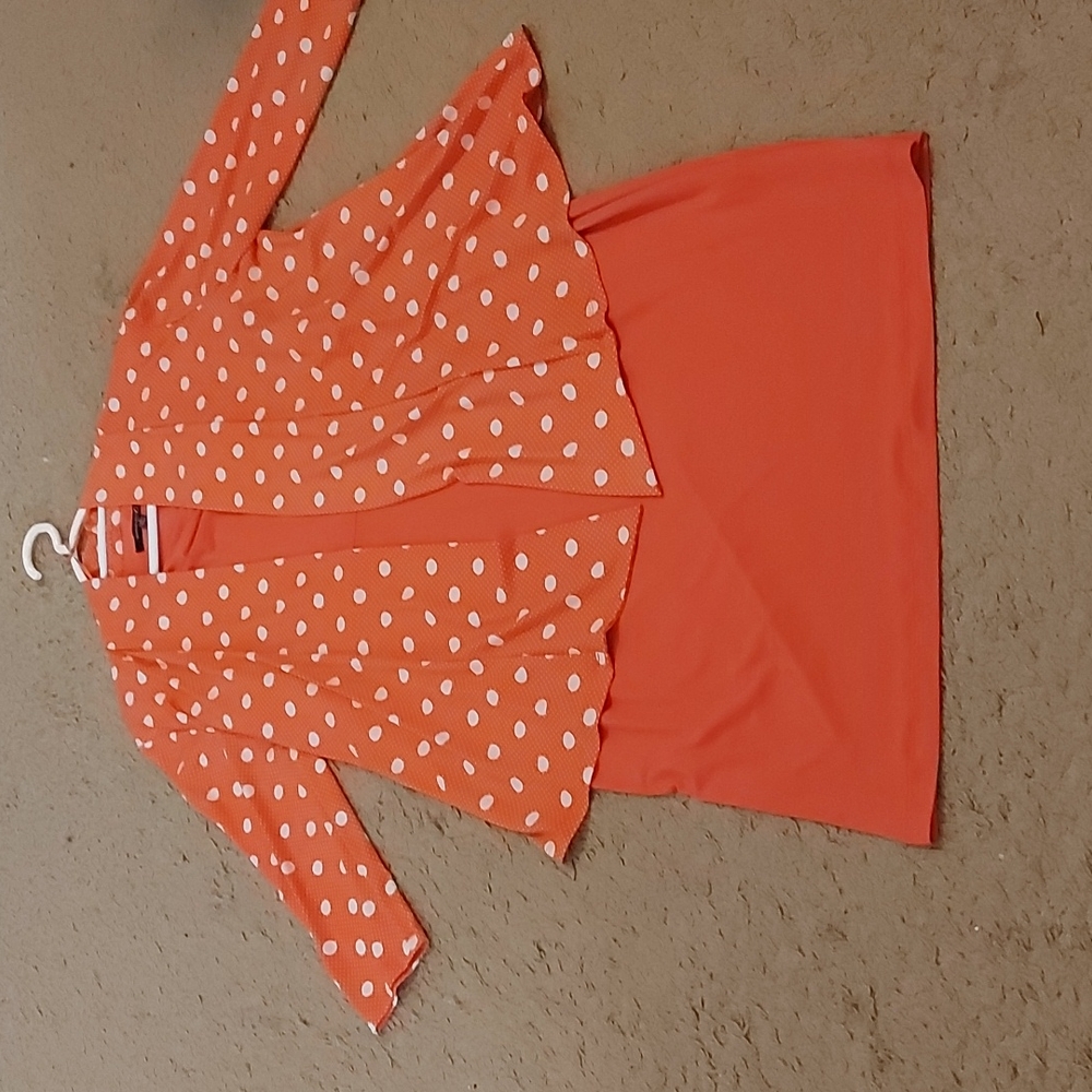 Orange dress with matching white poker dot jacket